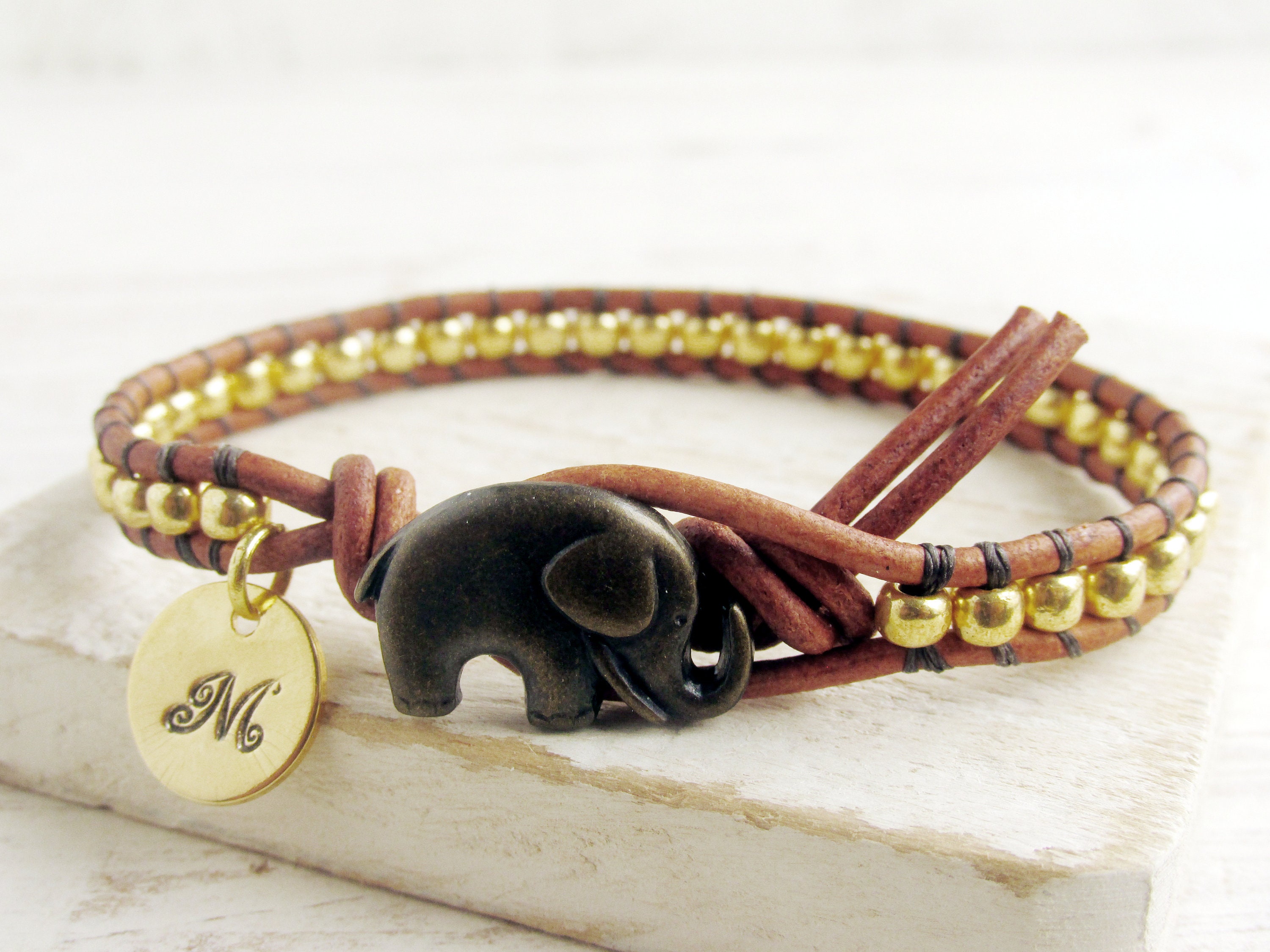 Personalized Gold Elephant Bracelet, Leather Wrap Bracelet with Initial…