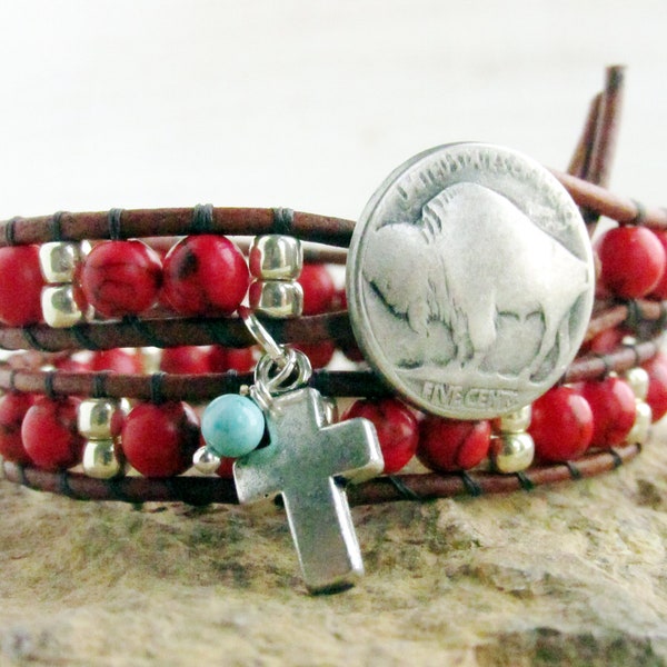 Buffalo Nickel Double Wrap Bracelet, Red Bead Native American Inspired Bracelet, Indian Head or Mercury Dime Button, Western Jewelry