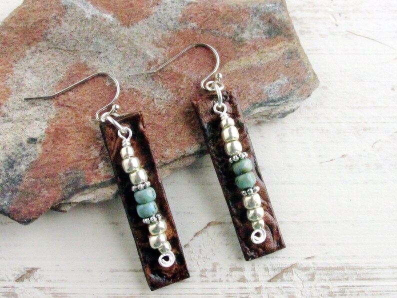 Silver and Turquoise Bead Leather Bar Earrings Medium Length - Etsy