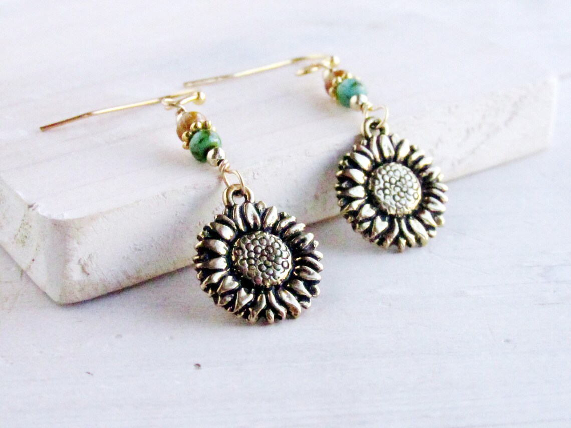 Gold Sunflower Earrings Sunflower Drop Earrings Sunflower Etsy
