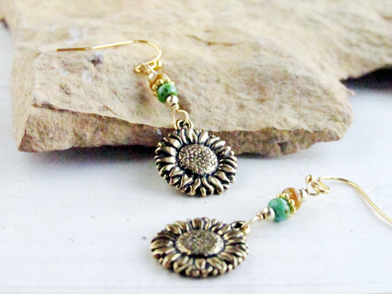 Gold Sunflower Earrings Sunflower Drop Earrings Sunflower Etsy