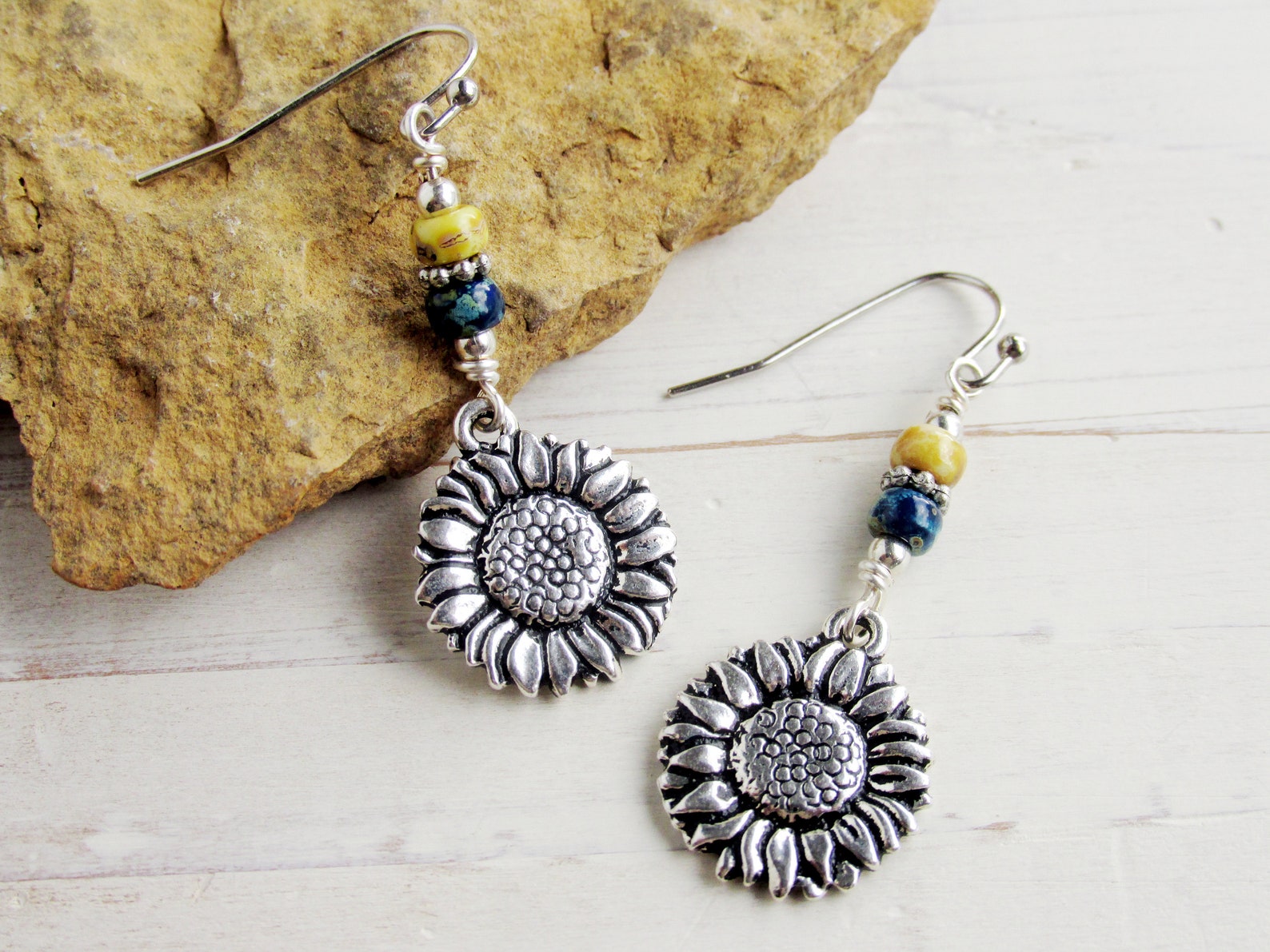 Silver Sunflower Earrings Sunflower Jewelry Sunflower Drop Etsy