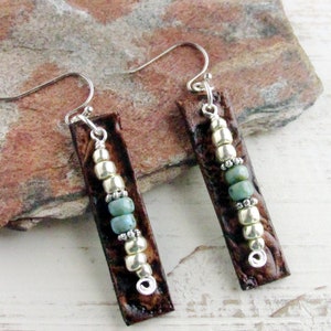 Silver and Turquoise Bead Leather Bar Earrings, Medium Length Earrings