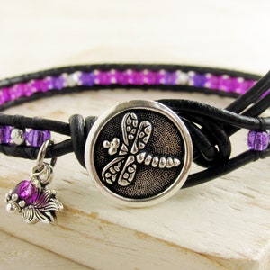Dragonfly Bracelet, Purple Violet Dragonfly Wrap Bracelet, Dragonfly Gifts, Dragonfly Jewelry, Seed Bead Bracelets