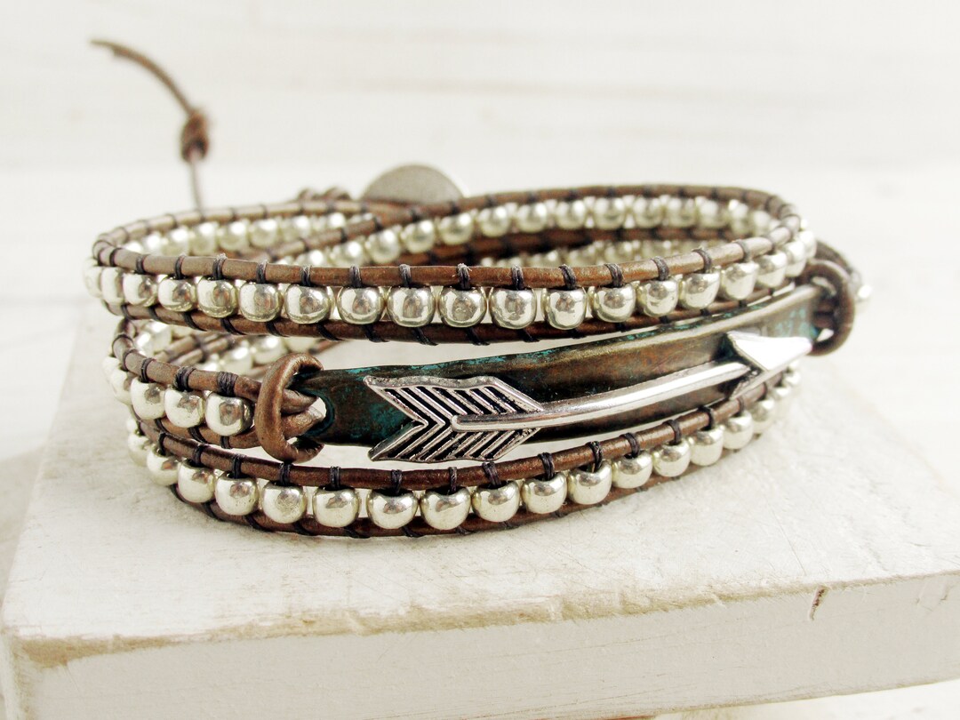 Silver Gold Arrow Bracelet, Triple Wrap Bracelets for Women, Boho