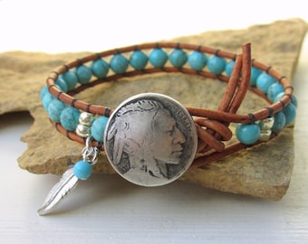 Turquoise Bead Bracelet, Boho Leather Wrap Bracelet, Southwestern American Indian Head Nickel and Eagle Feather Charm
