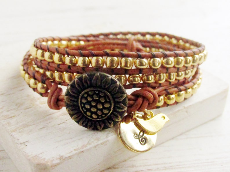 Sunflower Triple Wrap Bracelet Gold Initial Charm Bracelet - Etsy