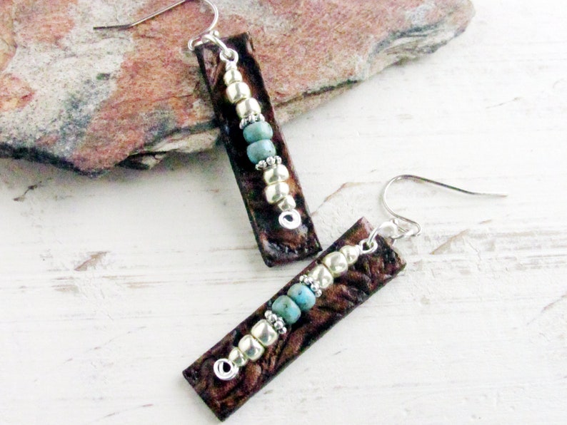 Silver and Turquoise Bead Leather Bar Earrings Medium Length - Etsy
