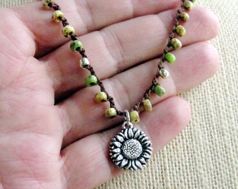 Silver Sunflower Necklace, Bead Crochet Necklace with Sunflower Charm