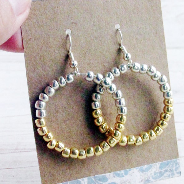 Silver & Gold Bead Hoop Earrings, Gold and Silver Circle Earrings, Mixed Metal Geometric Jewelry, Seed Bead Earrings