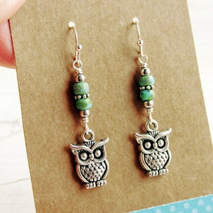 Cute Silver Owl Dangle Earrings, Turquoise Blue Green Bead Earrings, Owl Jewelry, Owl Gifts