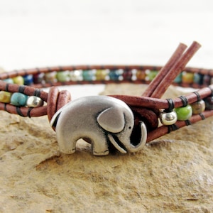 Elephant Wrap Bracelet, Boho Elephant Gifts, Baby Elephant Jewelry, Gift for Her, Beaded Wrap Bracelet, Picasso Seed Bead Jewelry