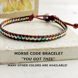 YOU GOT THIS or I Got This Morse Code Bracelet for Women, Dainty Leather Wrap Bracelet, Motivational Jewelry