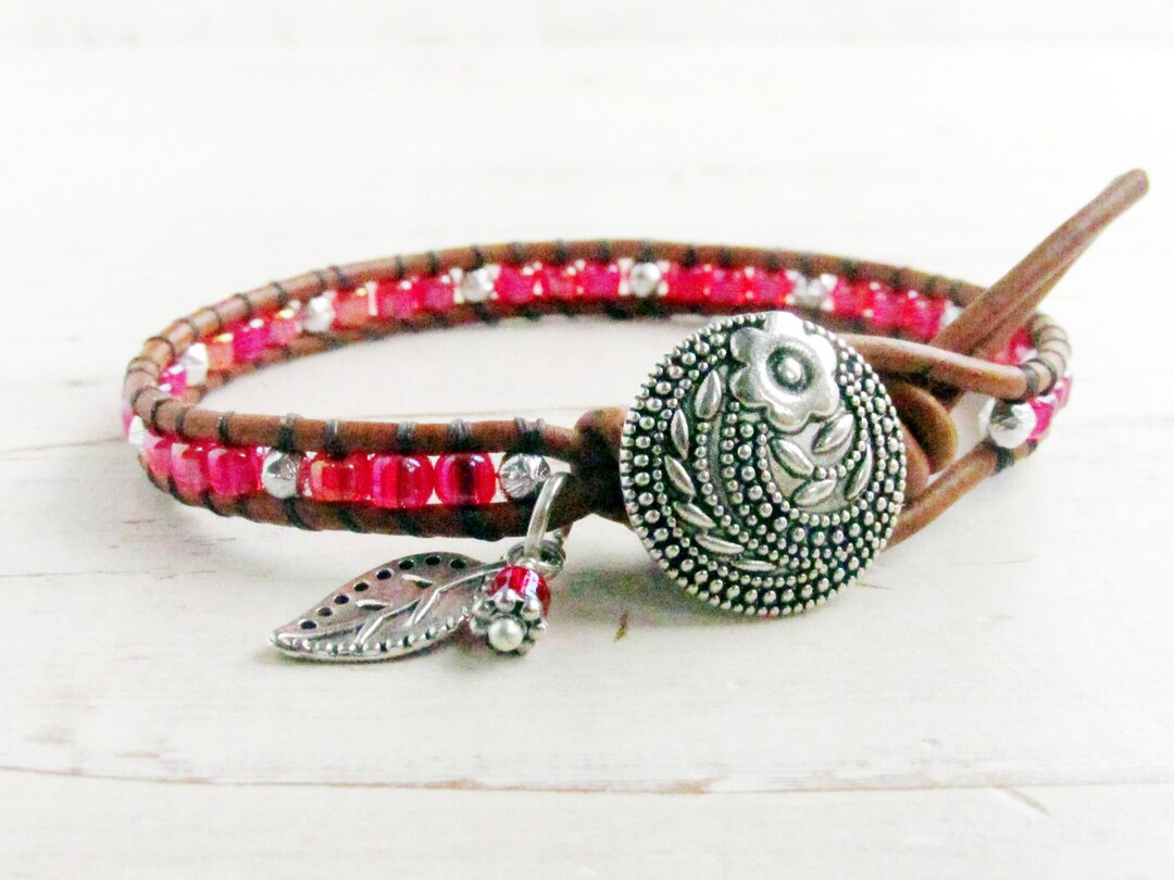 Red Rose Bracelet, Dainty Red Leather Wrap Bracelet, Valentine's Day
