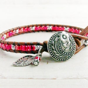 Red Rose Bracelet, Dainty Red Leather Wrap Bracelet, Valentine's Day Gift, Anniversary Gift