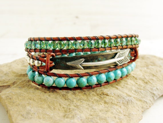 Turquoise Bracelet Triple Leather Bracelet Boho Seed Bead Wrap