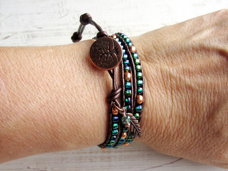 Green Leather Wrap Bracelet with Copper Tree of Life Button Etsy