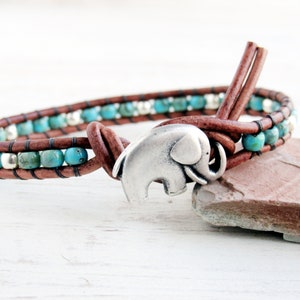 Turquoise and Silver Single Wrap Bracelet, Elephant Jewelry, Seed Bead Leather Bracelet