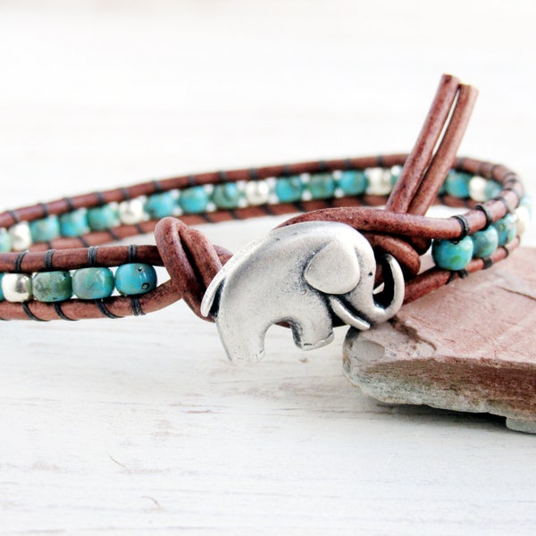 Turquoise and Silver Single Wrap Bracelet, Elephant Bracelet, Seed Bead Bracelet, Boho Bohemian Bracelets, Beaded Leather Bracelet