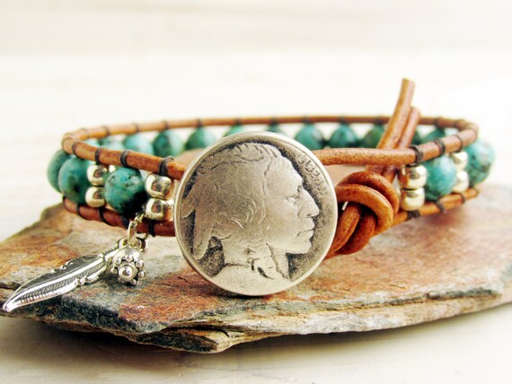 African Turquoise Indian Head Nickel Button Leather Wrap Bracelet