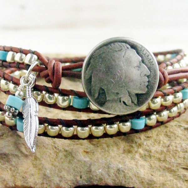 Indian Head Silver and Turquoise Triple Wrap Bracelet, Native American Style Jewelry for Her or Him