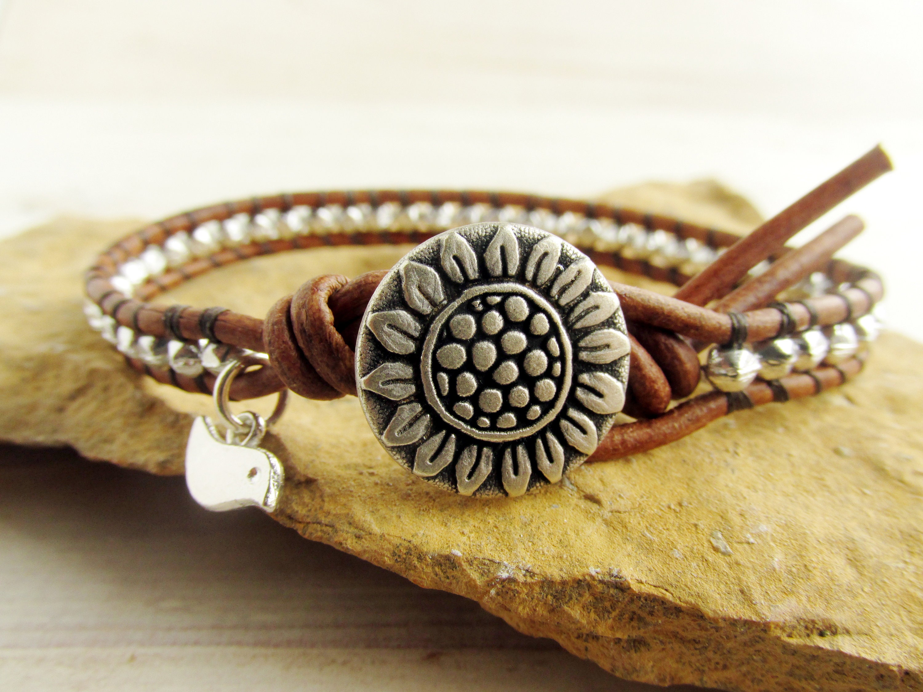 Sunflower Jewelry Womens Boho Wrap Bracelet Beaded Leather Cuff Sunflower Bracelet