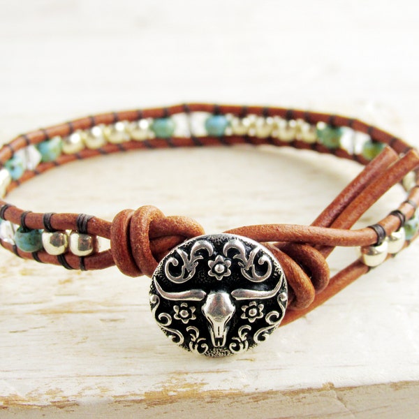 Silver Longhorn Bracelet, Texas Jewelry, Western Cowgirl Silver and Turquoise Leather Wrap Bracelet