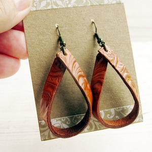 Boho Leather Loop Earrings, Genuine Embossed Leather Hoop Earrings, Fun Everyday Western Earrings