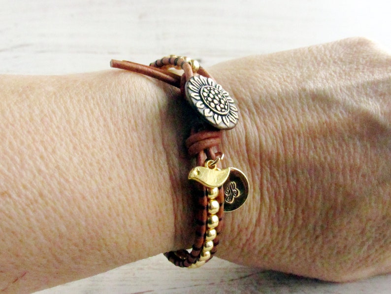 Gold Sunflower Bracelet Initial Charm Bracelet Bridesmaid - Etsy