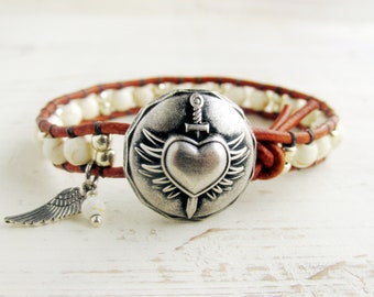 White Turquoise Bracelet with Winged Heart Button, Leather Wrap