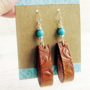 Turquoise and Tooled Leather Loop Earrings, Southwestern Earrings, Western Jewelry