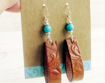 Turquoise and Tooled Leather Loop Earrings, Southwestern Earrings, Western Jewelry