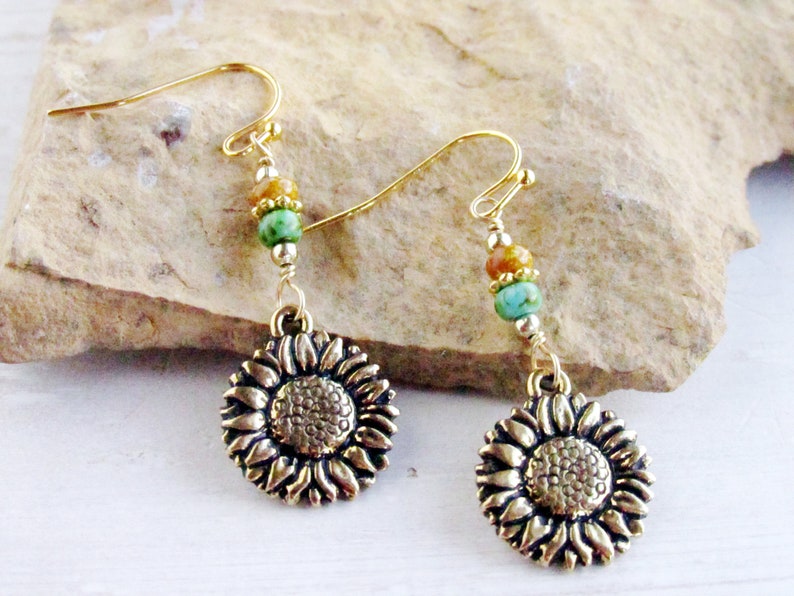 Gold Sunflower Earrings Sunflower Drop Earrings Sunflower Etsy
