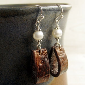 Pearl and Leather Loop Earrings, Western Boho Earrings, Rustic Chic Cowgirl Jewelry, Genuine Leather Dangle Earrings