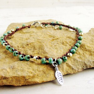 Turquoise Bead Anklet with Feather Charm, Crocheted Ankle Bracelets, Feather Gifts