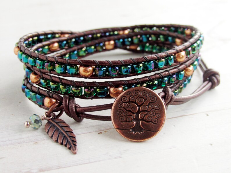 Green Leather Wrap Bracelet with Copper Tree of Life Button Etsy