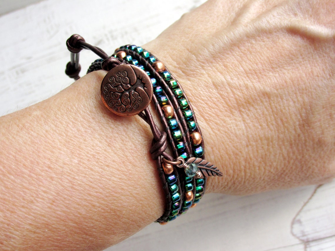 Green Leather Wrap Bracelet with Copper Tree of Life Button Etsy