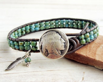 Indian Head Nickel Button and Leather Wrap Bracelet with Feather, Turquoise Blue Green Beaded Bracelet, Native American For Her For Him