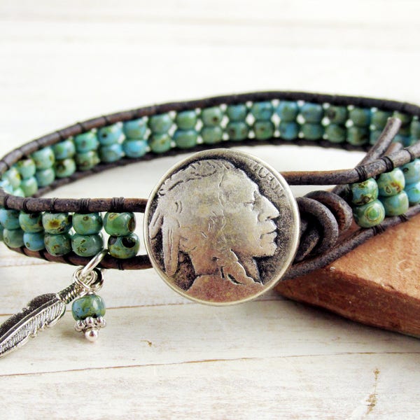 Indian Head Nickel Button and Leather Wrap Bracelet with Feather, Turquoise Blue Green Beaded Bracelet, Native American For Her For Him
