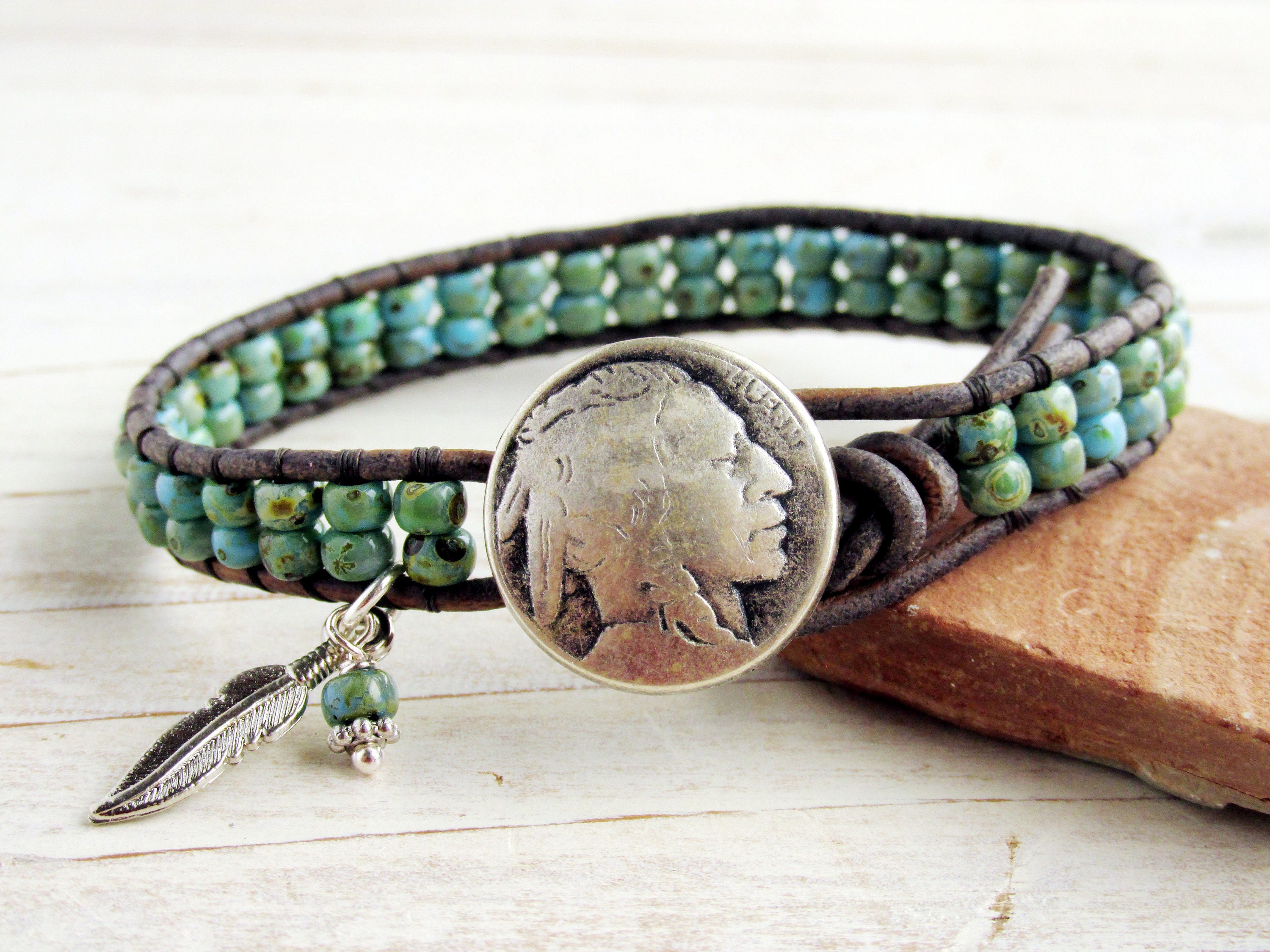 Indian Head Nickel Button and Leather Wrap Bracelet With Feather Turquoise Blue Green Beaded Bracelet Native American for Her for Him Etsy