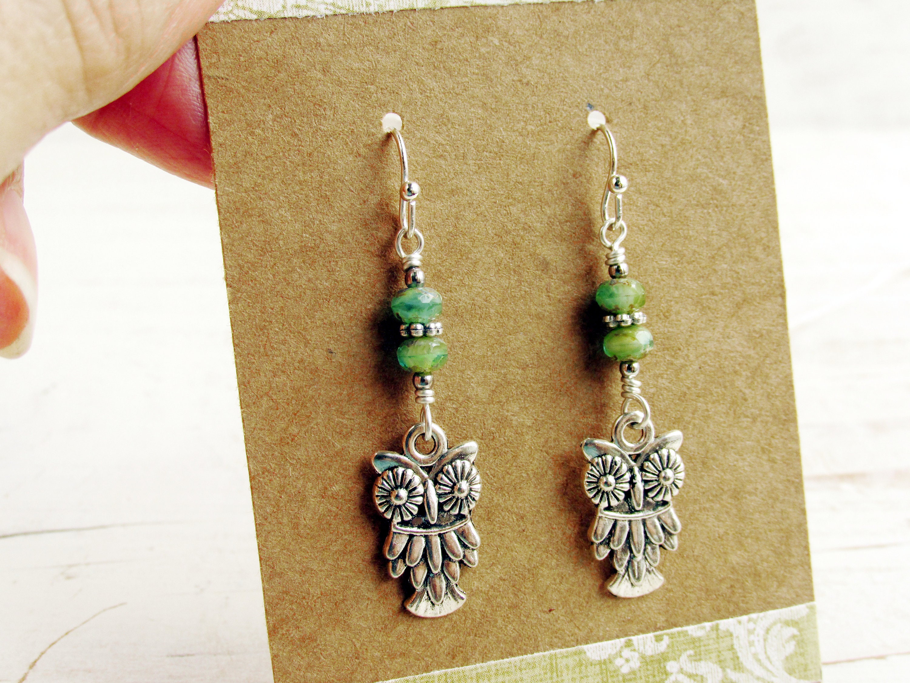 Silver Boho Owl Dangle Earrings, Green Blue Peruvian Opal Picasso Bead Earrings, Owl Jewelry, Owl Gi