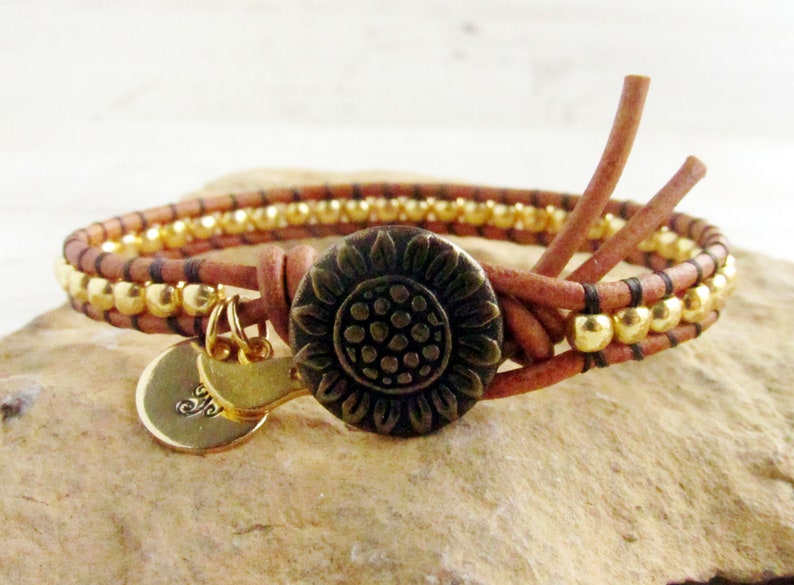 Gold Sunflower Bracelet Initial Charm Bracelet Bridesmaid Etsy