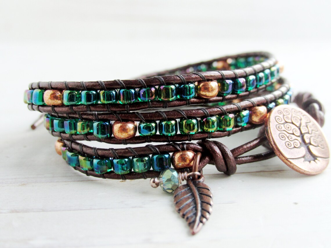 Green Leather Wrap Bracelet with Copper Tree of Life Button Etsy