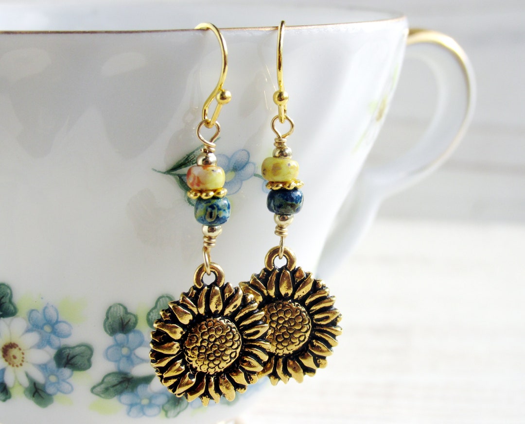Blue and Yellow Sunflower Drop Earrings, Bohemian Sunflower Jewelry