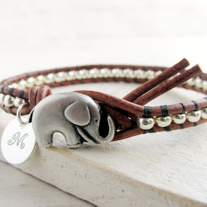 Personalized Silver Elephant Bracelet, Initial Charm, Elephant Gifts, Leather Wrap Bracelet, Graduation Gift