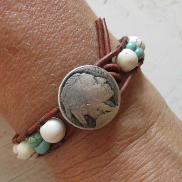 American Indian Head Nickel Bracelet ~ Southwestern Turquoise Beaded Leather Bracelet ~ Single Wrap Boho Cowgirl Americana Jewelry