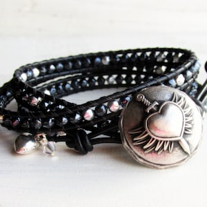 Hematite Triple Wrap Bracelet with Brave Heart Silver Button, Black Wrap Bracelet, Hippie Hipster Boho Bohemian Rocker Gift for Her