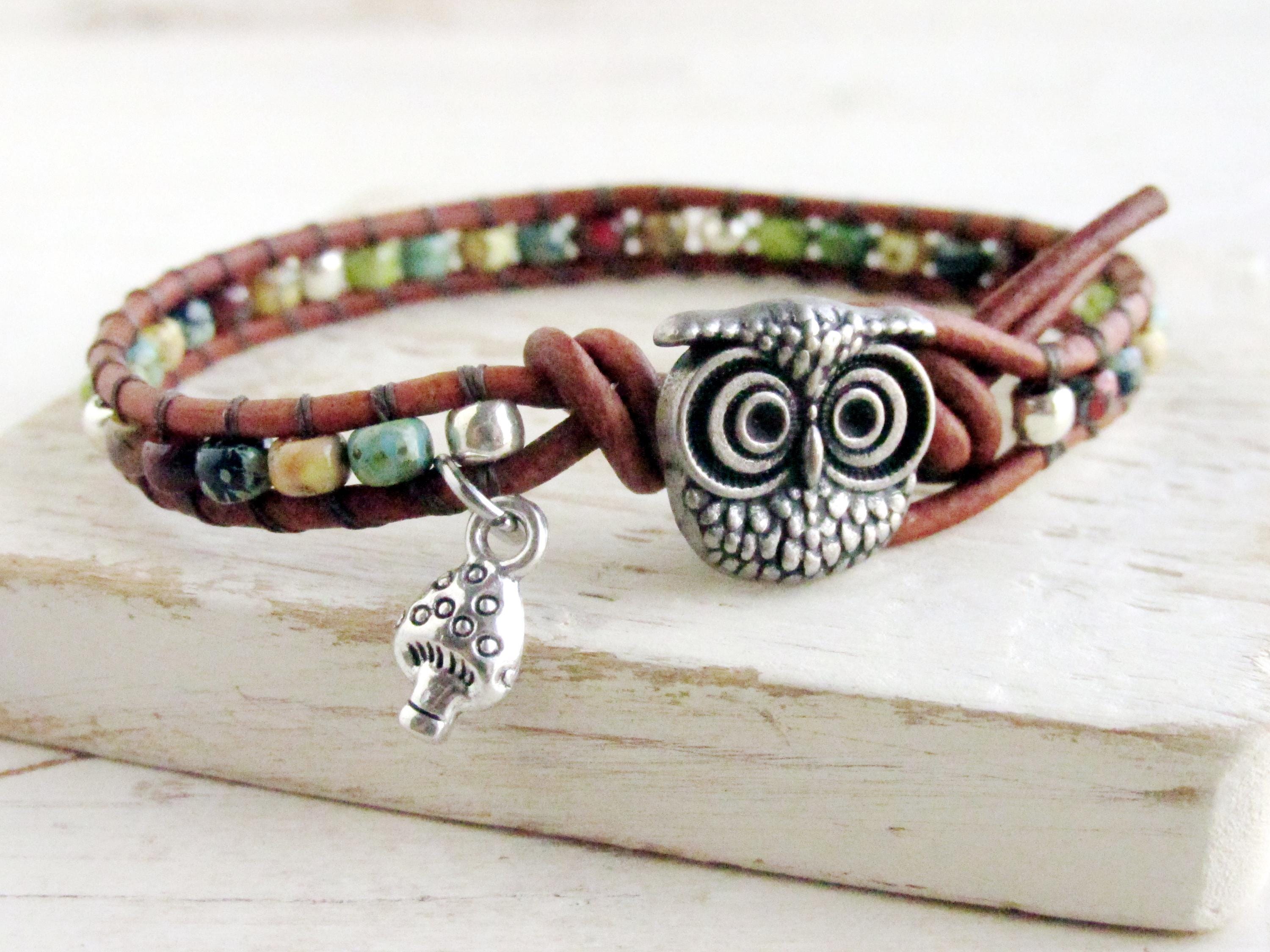 Owl and Mushroom Wrap Bracelet, Single Leather Wrap, Multicolored Beaded Bracelet, Picasso Seed Bead