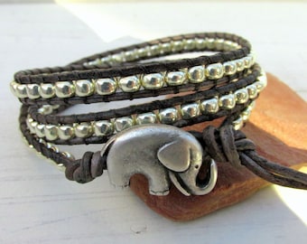 Pulsera de triple envoltura de elefante de plata para mujer, envoltura tres veces, joyería boho, pulseras de elefante, pulsera esencial para el día a día