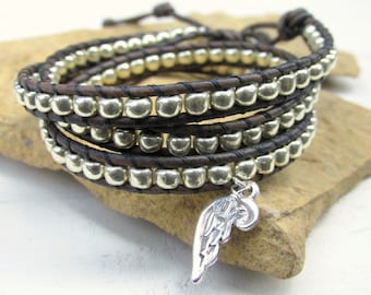 Silver Bead Wrap Bracelet, Angel Wing Charm, Memorial Jewelry